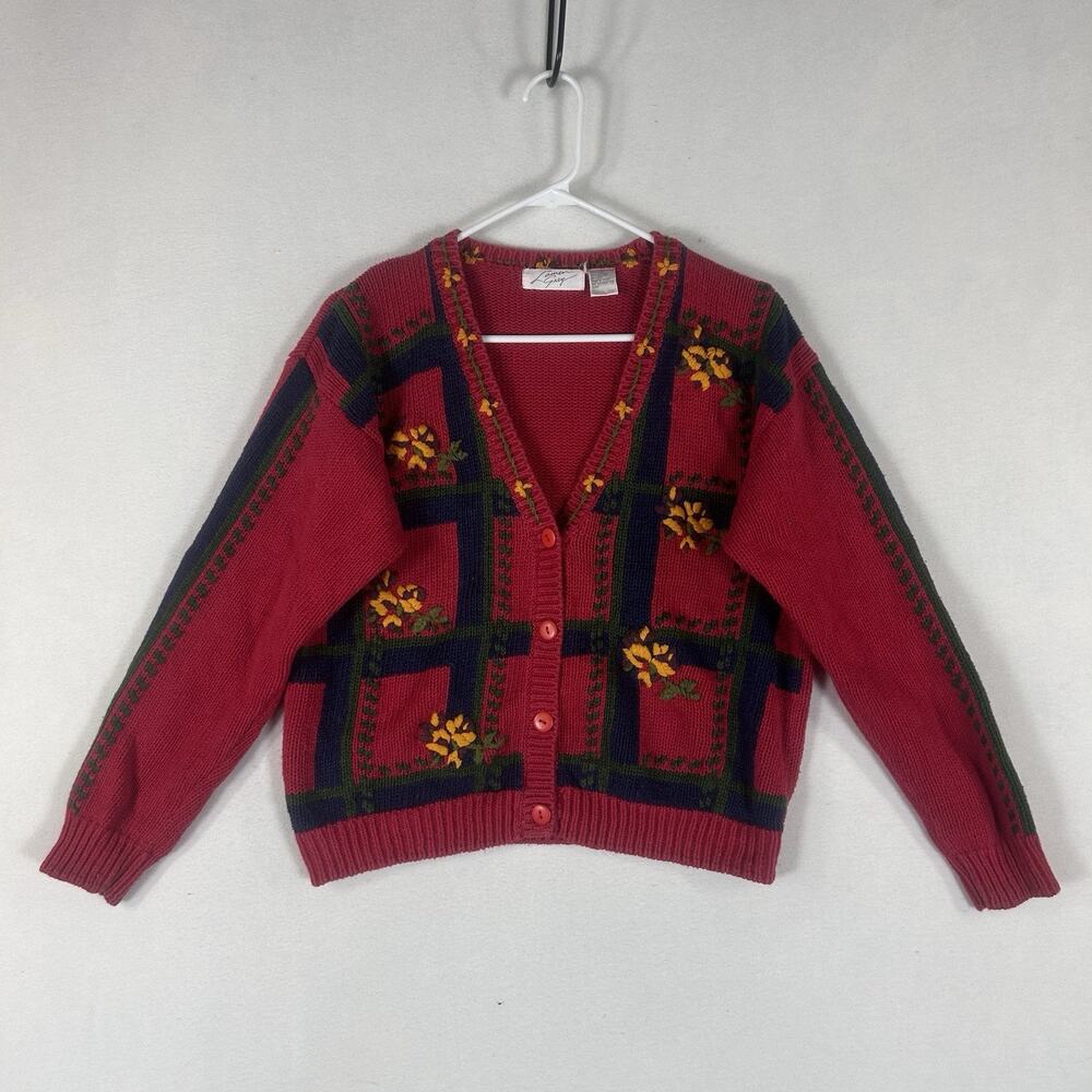 Vintage Lauren Grey Knit Cardigan Button Front Womens Medium Red Embroidered VTG